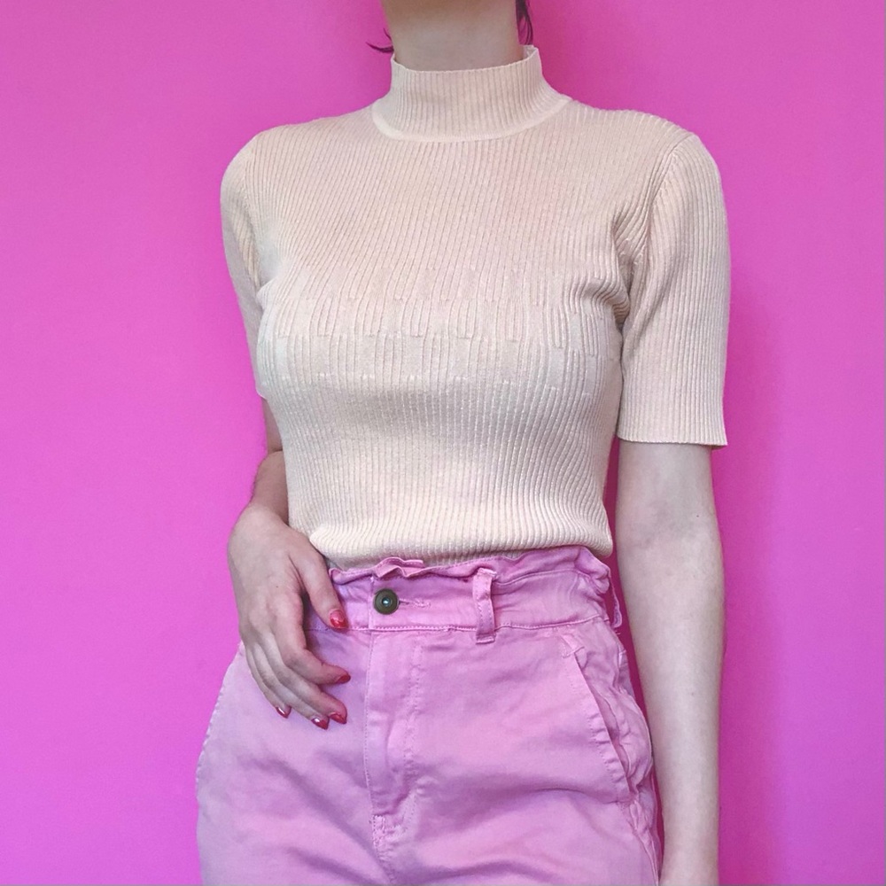 Blush pink knit mock neck shirt